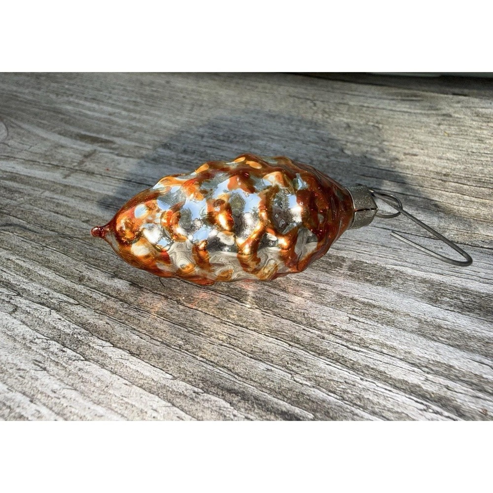 Antique West Germany Blown Glass Pinecone Christmas Ornament Orange Silver 2.25"